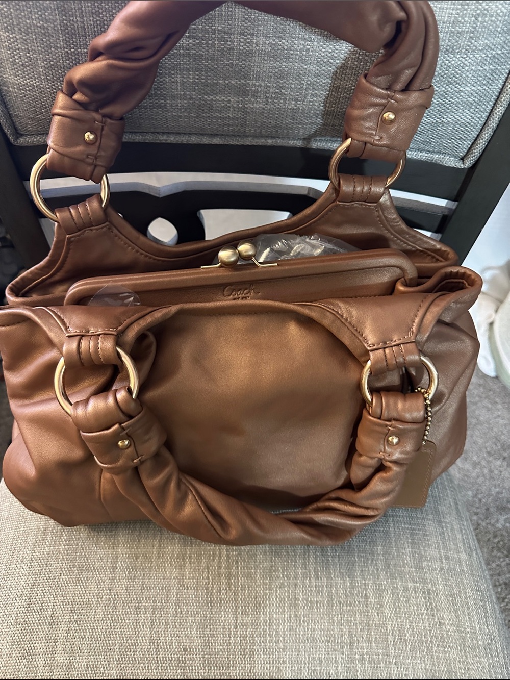 Coach Tan Leather Satchel with Knotted Top Handles